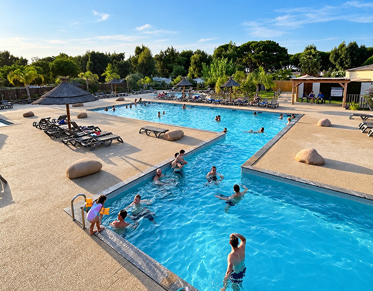 Vue en hauteur d'une grande piscine extérieure où des baigneurs se détendent, entourée de plages en béton avec transats, parasols de paille et pins.