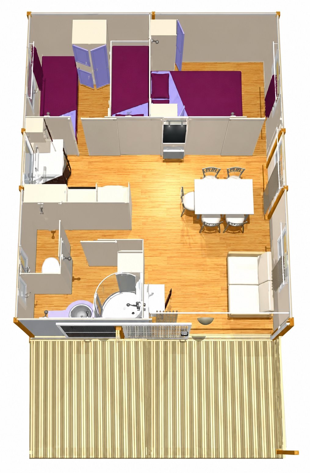 Vue 3D de dessus d'un mobil-home aménagé avec trois chambres, une cuisine, un coin repas, un salon, une salle de bain et une terrasse en bois.