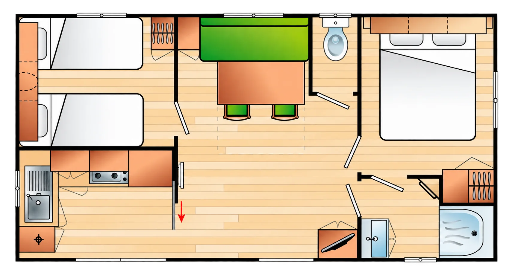 Plan vu de dessus d'un mobil-home montrant une chambre avec lits simples, une chambre avec lit double, un coin cuisine, un séjour avec banquette verte, des toilettes et une douche.