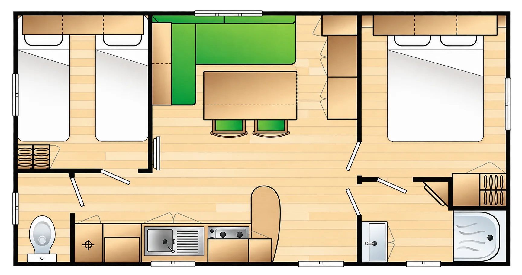 Plan vu du dessus d'un mobil-home comprenant une chambre avec deux lits simples, une chambre avec un grand lit, un coin repas avec banquette verte, une cuisine, des toilettes et une douche.